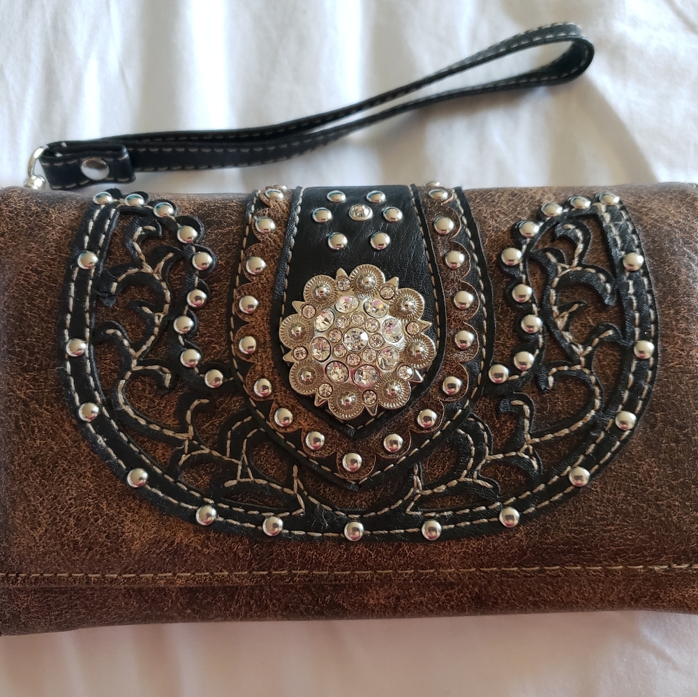 Rhinestone & Studs Leather Wallet/Wristlet